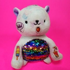 RMS White Graffiti Cat Plush Toy Sequin Belly Weighted Bottom 6.5 in.